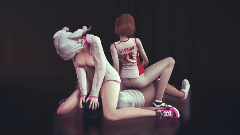 Waifu club 3D: Dos chicas se follan al entrenador en el gimnasio