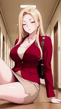 Red Suit Blonde; From Supermarket Stroll to Lazy Orgasm, She Even Puts Her Legs up on the Desk?