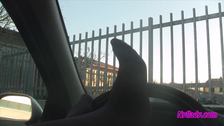 Nyllady: Nyllady's Footjob to Gearshift and Wheel in Patterned Pantyhose