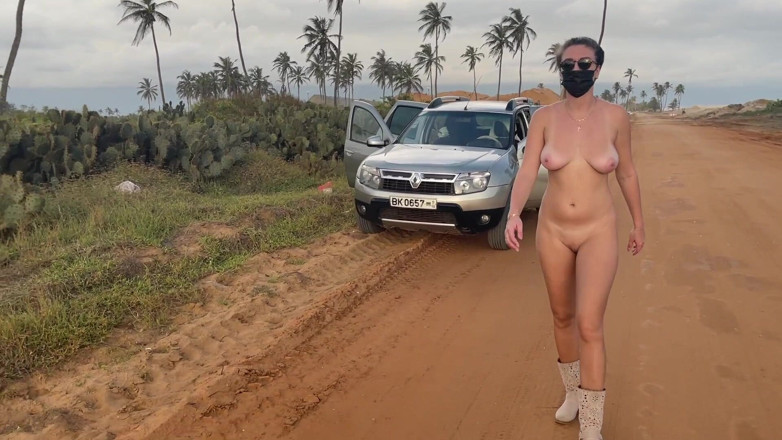 Batty Lux: Naked Busty Blonde Walks by Car on Public Road