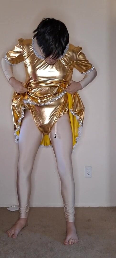 Pup Zentai: Shiny gold maid dress up
