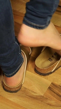 Jeans and Gold Two-strap Sandals - Nylon Feet Tease