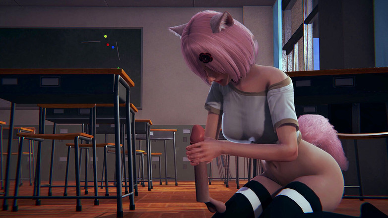 Waifu club 3D: Neko collegegirl runkar av din kuk