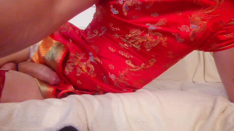 Leatransteen: Leatransteen wearing a satin asia robe and cum in condom