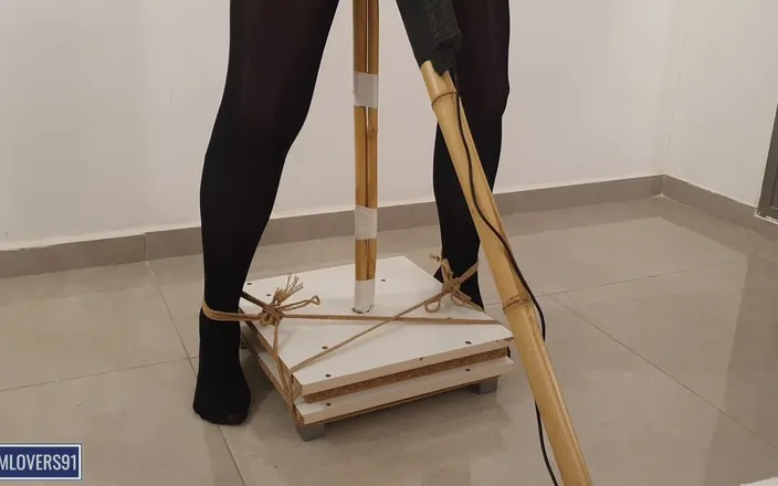 Bdsmlovers91: Shaking Legs in Black Pantyhose Standing Pole Bondage with None...