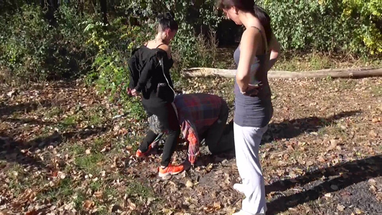 Femdom Austria: Dominant joggers walking their pet slave