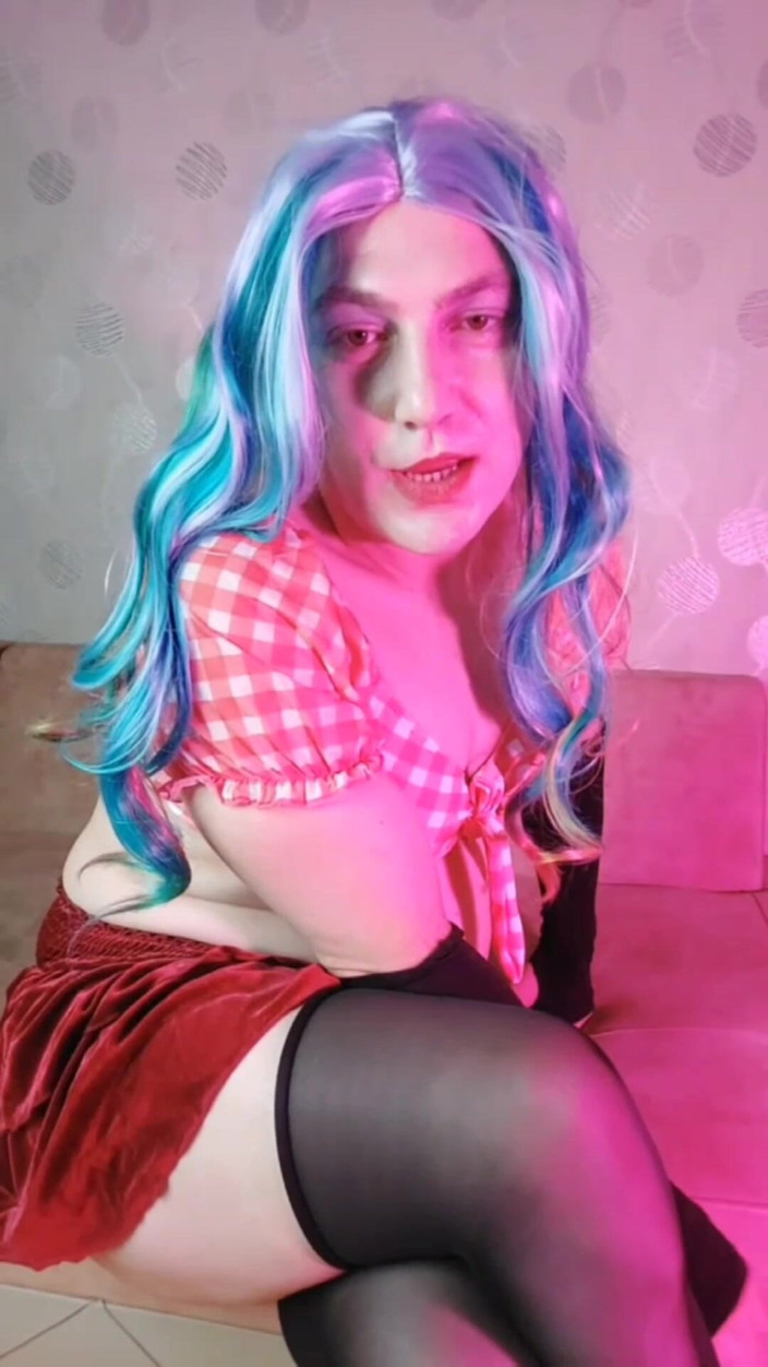 Kitty_Cross: Pretty Femboy in Tights Cute Skirt Red Ambiance