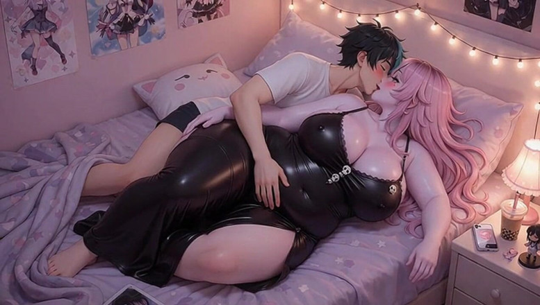Animate golden: BBW Pink Hair Anime Girl Playing with Huge Tits on...