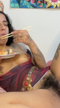 Delicious Food Makes My Hairy Latina Pussy Horny