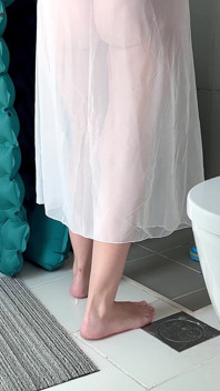 Stepmom Cleans the Bathroom in Her Sheer Dress. Slowly