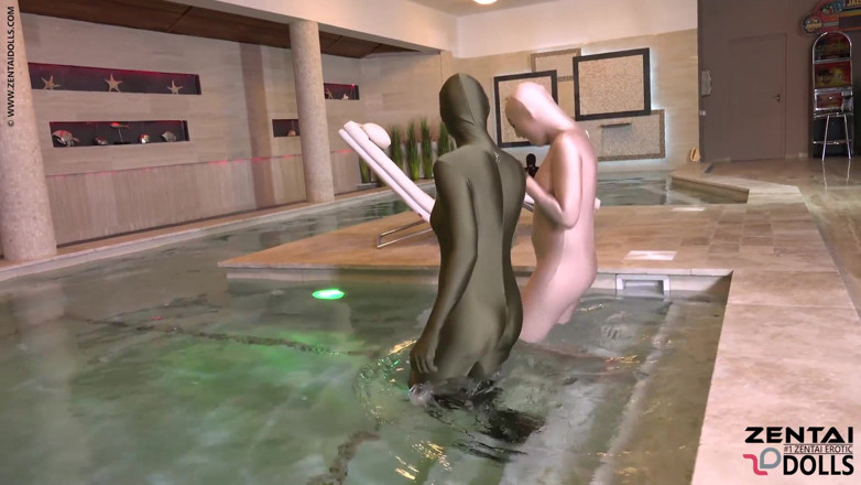ZentaiDolls: Two Zentai Girls with Slave in Pool