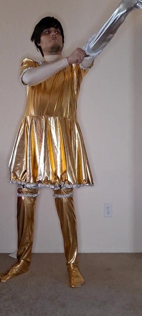 Pup Zentai: Shiny gold maid dress up