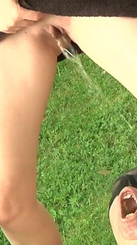 Skinny Brunette Babe Pisses Masked Guy in Mouth