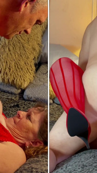 Babcia lady w czerwieni: Dildo Play & 2 pozycja jebanie orgazm
