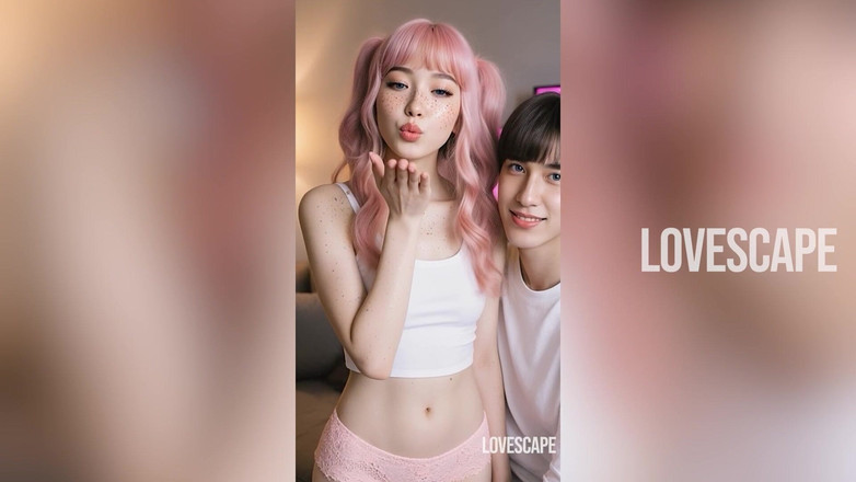 Lovescape: ピンク髪の美女がワイルドなスリーサムで大きなペニスを2人受け入れる