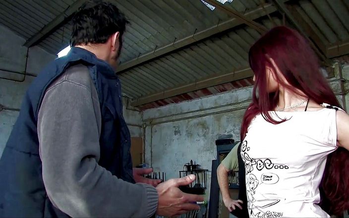 Monster Cocks: Two young sluts get fucked by workers in a garage