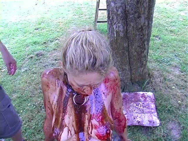 Horny Two really wet MILFs: Blonde slut gets all covered with food outdoors