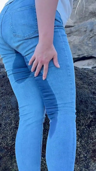 Peeing in Tight Jeans on the Beach