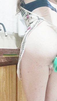 Trans Housewife Masturbating and Cumming in the Kitchen
