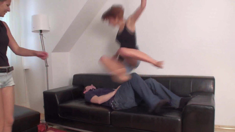 Femdom Austria: Two girl jumping on their slave