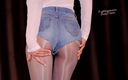 Shiny teens: 633 stoking abu-abu mengkilap dan celana jins pendek mini