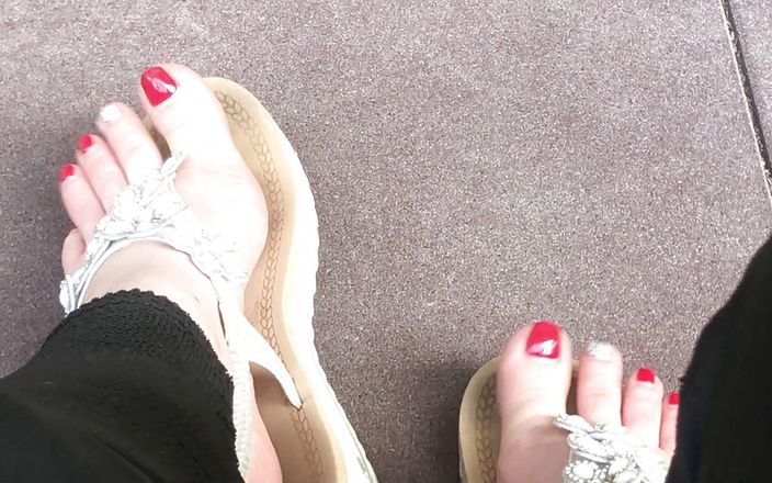 Goddess Misha Goldy: Sandals teasing outdoor with red toenails &amp;amp; toes wiggling