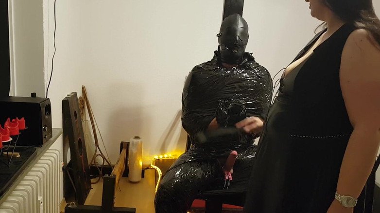 DOMINATRIX6: Foil Bondage Slave Part 2 - Cling Film Mummified and Edged to...