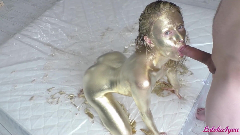 Laloka4you: Beauty in gold paint sucks cock and fucks in different...