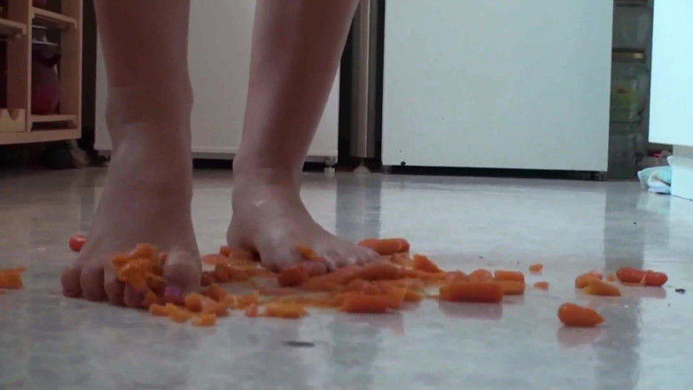 Foot Girls: Close up of trampling food in the kitchen