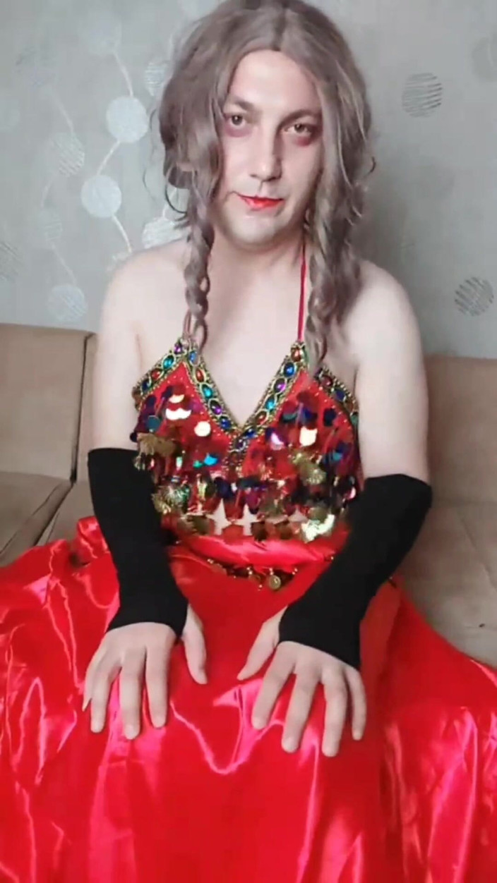 Kitty_Cross: Belly Dancer Femboy in Red Seductive Dress