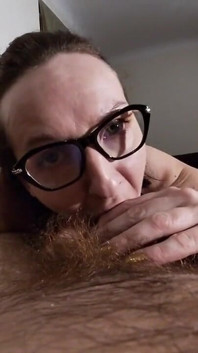 Nerdy step mom with glasses sucks a dick