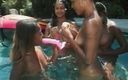 A Lesbian World: Four sexy ebony babes at poolside muff diving and using...