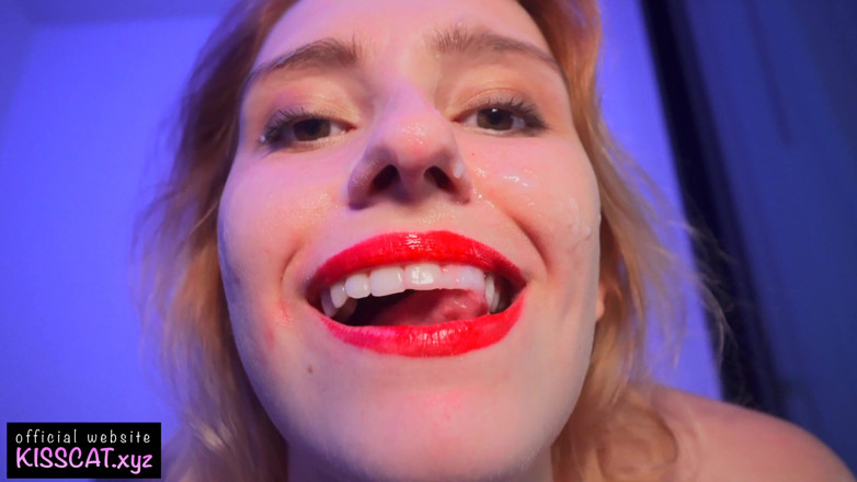 KissCat: Hot babe gets facial and comments while eating cum