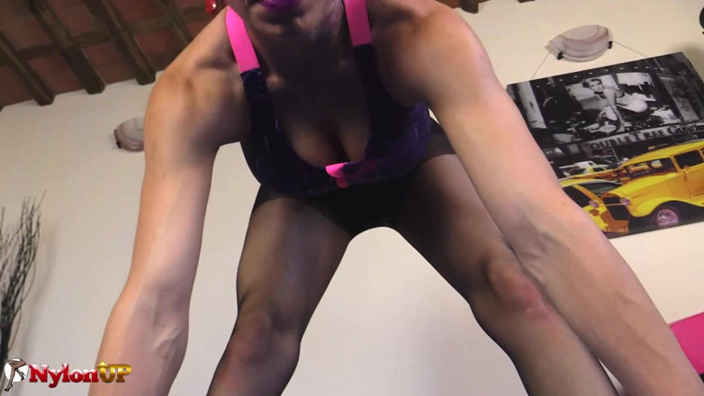 FootFetish Girls With Sex Toys and Nylons: Tattooed brunette wearing pantyose doing yoga