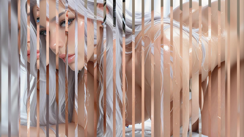 LustRender: Зріла Silver Vixen на четвереньках з величезними цицьками і спермою капає