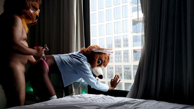 PawgrammerSocks: Futai fără prezervativ în costum femboy furry în fața ferestrei