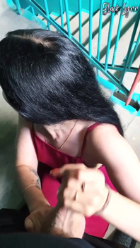 Risky Blowjob on Stairs