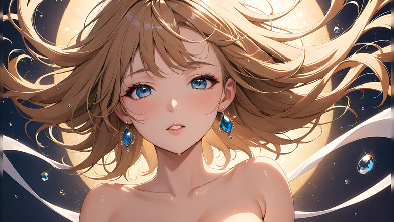 LustRender: 失重的宁静 - ai 女孩在头发漂浮在空中时轻轻眨眼