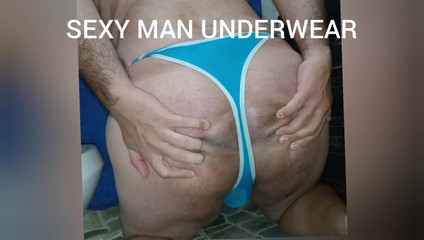 Sexy man underwear: Thong biru seksi dan pancutan mani