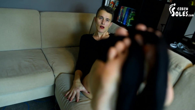 Czech Soles - foot fetish content: Black pantyhose and bare mature soles of Mitzi