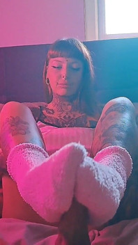 Pink Fluffy Sockjob Ends with Cum on Socks
