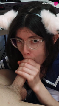 The Cat Girl Came Back for Another Load of Cum and Started Sucking His Cock Passionately Until She Got the Cum on Her Hands