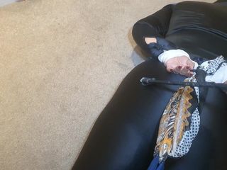 Slutty Ms B in Satin & Bondage: Black Satin Blouse and Shiny Leggings Bondage