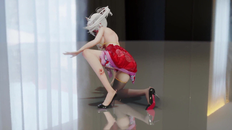 MikuMotion: Creme de chocolate Cheongsam; Meias pretas; Salto alto vermelho