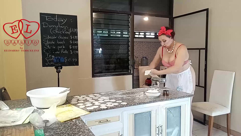 Strange stepfamily: Nudist housekeeper Regina Noir cooking at the kitchen. Naked maid...