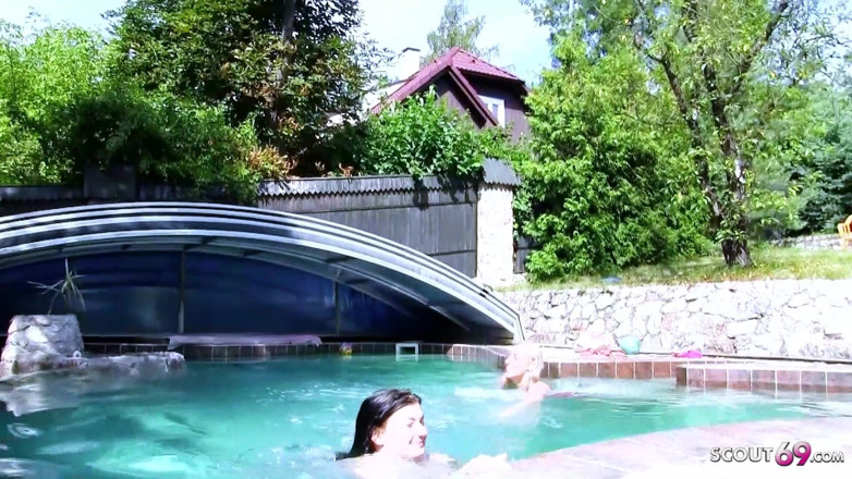 Full porn collection: Two horny lesbians masturbate with toys outdoor by the pool