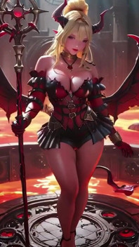 Lava Throne! Blonde Demon Queen Kneels & Spreads Her Wings, Lazy Tease with a Glass.