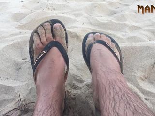 Manly foot: Cum Sand &amp; Flip Flops - Nudist Beach - Cum Feet Socks Series -...