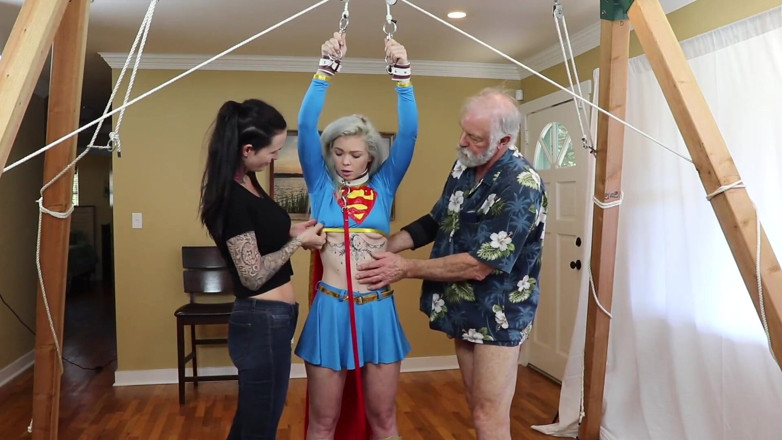 Azure Sky Films: Kay Carter-supergirl bondage spit roast deepthroat oral girl-girl facial