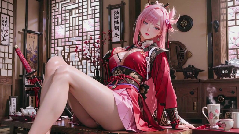 Seraphina Vale: RödbrunA Samurai! Rosahårig krigare Knäböjer på Tatami, Kimono med hög...